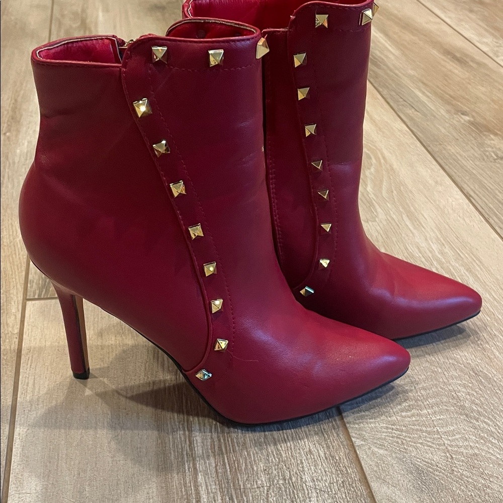 Nicole Miller Red Heeled Boots with Gold Accents